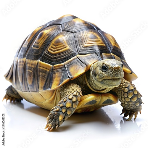 Closeup of a young yellow footed tortoise on white background