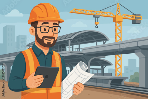Construction site manager supervising urban metro station development, holding blueprint and tablet, modern city railway project, engineering and architecture concept, vector illustration