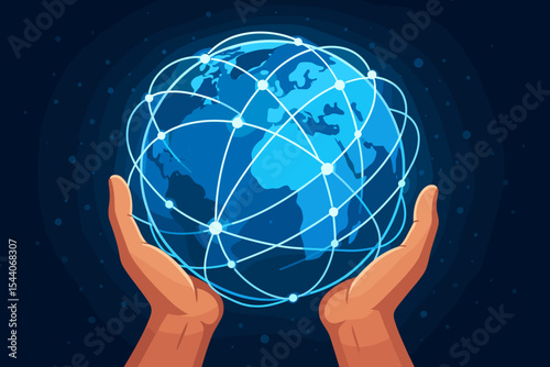 Global Communications Network, Data Exchange, Internet Connectivity, Hands Holding Digital Globe, Connected Earth, Technology, Social Media, Wireless, Globalization, Vector Illustration