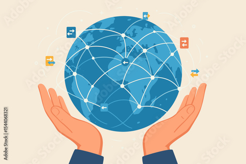 Global data exchange, network connections, worldwide internet communication in human hands. Digital technology, information flow, cloud computing, connectivity, global network infrastructure vector