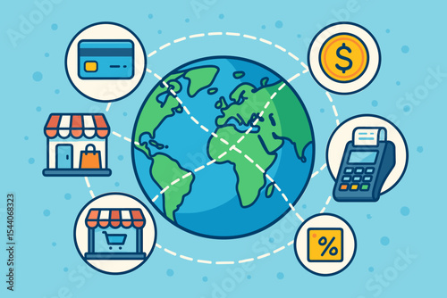 Global eCommerce Shopping and Payment Network Concept. Online Retail with Credit Card, Digital Payment Terminal, Money, Storefront, Sale Discount. Omnichannel Business Transaction Vector Illustration