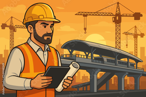 Construction supervisor in safety vest and helmet with tablet and blueprints overseeing BTS skytrain station build, cranes, elevated rails at sunset, urban infrastructure, vector cartoon illustration