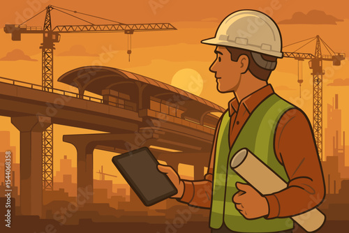 Construction Manager Overseeing Modern BTS Skytrain Station Project at Sunset with Tablet, Blueprints, Cranes, Elevated Railway, Urban Infrastructure, Civil Engineering Vector Illustration