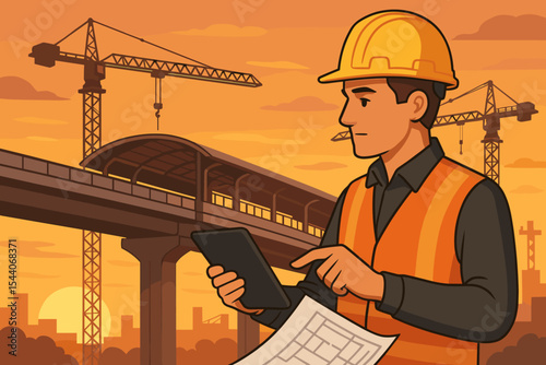 Construction manager overseeing elevated train station project at sunset, reviewing blueprints and tablet, with cranes, modern infrastructure, city skyline, engineering planning, vector illustration