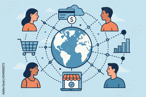 Global ecommerce network connection, online business payments, digital marketing analytics, international shopping, people communication, internet commerce concept, vector illustration