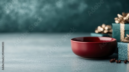 Wallpaper Mural A minimalist setting featuring a simple red bowl alongside beautifully wrapped Christmas gifts, evoking a sense of celebration and joy during the festive season. Torontodigital.ca