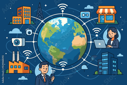 Global telecommunication network vector illustration with Earth, businesses, factories, wireless connectivity, IoT devices, internet communication, digital transformation, technology concept