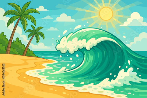 Vibrant tropical beach with large turquoise wave crashing on sandy shore, palm trees, sunny sky, summer paradise coastal landscape, cartoon vector illustration, ocean splash shoreline scene