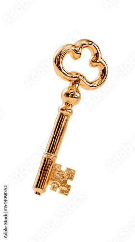 Antique style gold key, The intricate ornamental design of the bow (head of the key) gives it a royal, mysterious look - suitable for fantasy themes, treasure hunts or premium branding. Isolated on wh
