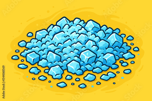 Pile of Crushed Ice Cubes on Vibrant Yellow Background, Refreshing Cooling Texture, Frozen Water, Summer Beverage Ingredient, Cartoon Vector Illustration, Polar Chill Concept Art