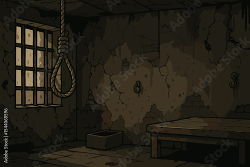 Dark grungy prison cell interior with noose hanging from ceiling, iron bars, cracked walls, wooden bed, stone floor. Concept despair, punishment, execution, imprisonment. Vector cartoon illustration