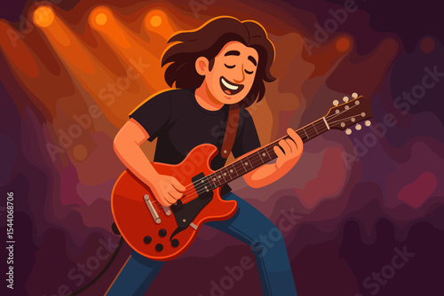 Energetic rock guitarist playing electric guitar live on stage, concert performance, dynamic musician, vibrant spotlight, music festival, cartoon vector illustration for poster and flyer design
