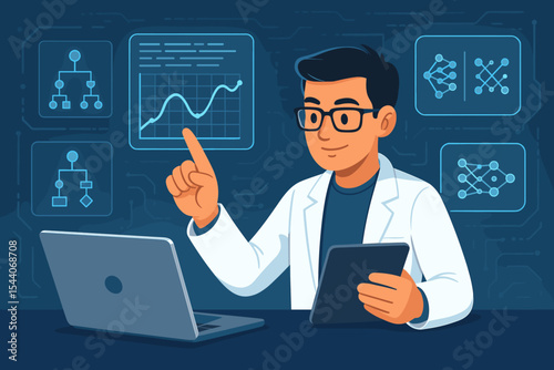 Data scientist analyzing machine learning algorithms on futuristic virtual interface with laptop and tablet. Artificial intelligence research, data visualization, analytics, technology concept vector