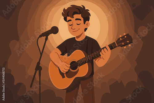 Acoustic guitarist cartoon performing live on stage. Musician with guitar sings at microphone. Soft spotlight concert background. Musical performance event. Entertainment night illustration vector