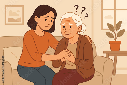 Caring Daughter Comforting Elderly Mother with Alzheimer’s Disease at Home, Dementia Support, Family Help, Senior Mental Health, Confusion, Compassionate Care, Vector Cartoon Illustration