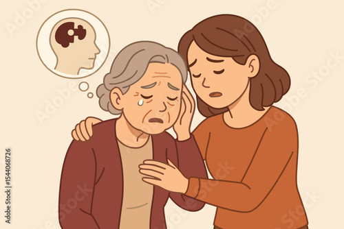Caring Daughter Comforts Elderly Mother with Alzheimer’s Disease, Memory Loss, Dementia Support, Senior Woman Emotional Care, Compassion, Mental Health Assistance, Vector Cartoon Illustration