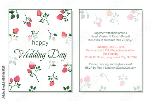 wedding invitation template in the form of a postcard with names and wedding address inside