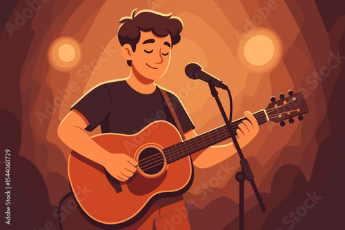 Acoustic guitarist performing live on stage with microphone under warm soft spotlight. Concert music scene. Cartoon vector illustration. Singer songwriter playing guitar in vibrant artistic background