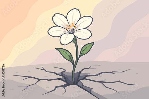 Resilient white flower blooming through cracked concrete, symbolizing hope, perseverance, renewal, and strength in adversity. Abstract pastel background. Vector cartoon illustration, growth concept