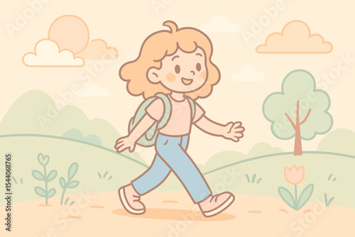 Cute girl with backpack walking outdoors in pastel landscape. Smiling child strolls through nature, springtime, flowers, sunny day, cartoon vector illustration, gentle colors, outdoor adventure