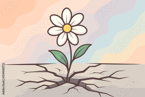 Resilient white daisy flower blooming through cracked concrete ground, abstract pastel background, hope strength survival concept, vector cartoon illustration, nature overcoming adversity
