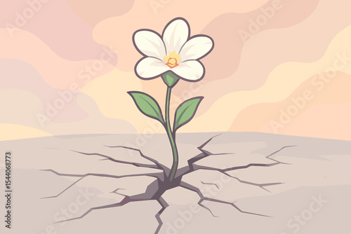 Resilient white flower growing through cracked concrete, symbol of hope, perseverance, overcoming adversity, nature versus urban, pastel abstract background, vector illustration
