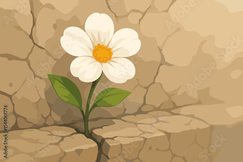 Resilient white flower blooming through cracked dry earth, survival and hope, nature overcoming adversity, vector illustration, botanical optimism, growth in arid environment, soft focus concept art