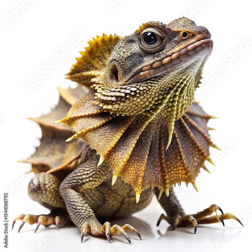 Closeup of a frilled lizard with its frill extended isolated on white background