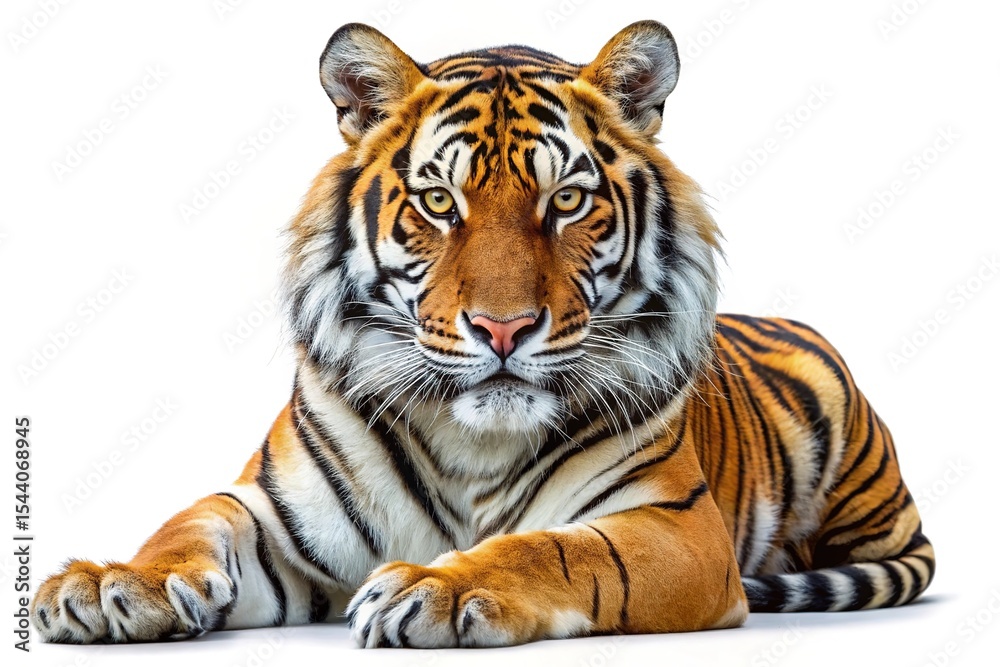 Obraz premium Majestic bengal tiger lying down isolated on white background