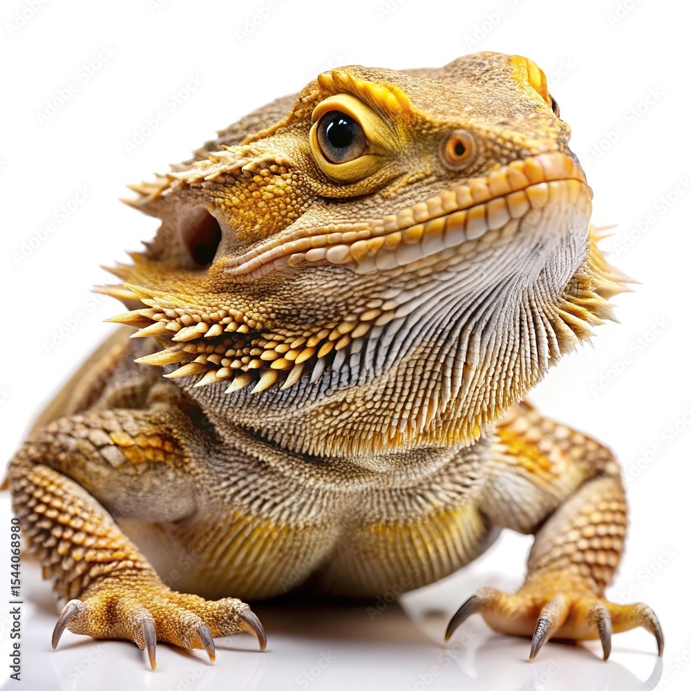 Obraz premium Closeup of a bearded dragon lizard on white background
