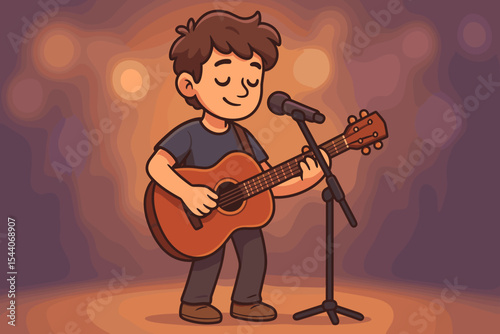 Cartoon guitarist performing live music on stage with acoustic guitar and microphone, colorful bokeh background, concert entertainment, vector illustration, music festival, solo artist performance