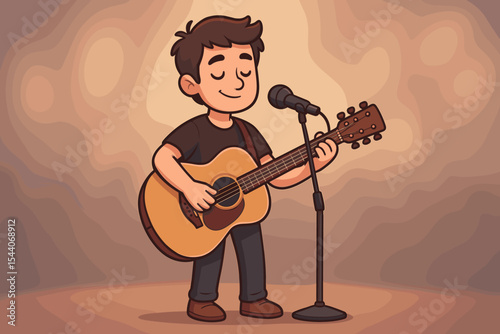 Cartoon guitarist playing acoustic guitar on stage with microphone, performing live music concert, spotlight soft blurred background, musician illustration, entertainment vector for music events