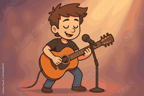 Cartoon guitarist performing live on stage with acoustic guitar, singing into microphone under spotlights, concert show, music performance, entertaining audience, vibrant soft blurred background