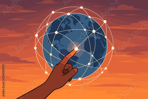 Hand Touching Digital Global Network Sphere, Connections Around Earth, Data Exchange, Internet Connectivity, Telecommunication, Modern Technology, Cartoon Vector Illustration, Sunset Sky Background
