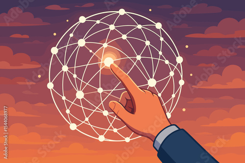 Hand touching glowing node on global network sphere, digital connection, data sharing, internet technology, worldwide communication, telecommunication, sunset sky, vector illustration