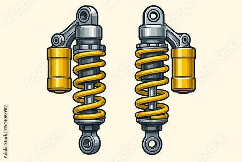 High Detail Yellow Motorcycle Shock Absorbers Vector Illustration. Heavy Duty Suspension Springs. Mechanical Parts Engineering Design. Sports Bike Performance Technology. No Text Elements