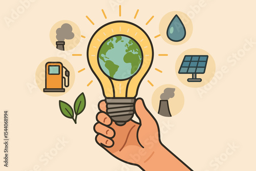 Sustainable Energy Concept Hand Holding Light Bulb with Earth and Renewable Power Icons. Eco Friendly Innovation, Solar, Water, Gas, Fossil Fuels, Environmental Protection Vector Illustration