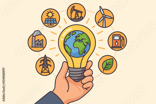 Hand holding light bulb with globe inside, surrounded by renewable and nonrenewable energy sources icons. Solar, wind, oil, gas, electric power, industry, environment. Vector illustration.