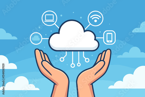 Hands Uplifting Cloud Computing Network Icon, Futuristic Data Storage and Technology Connectivity Concept, Devices Linked in Digital Cloud, Modern Vector Illustration on Blue Sky Background