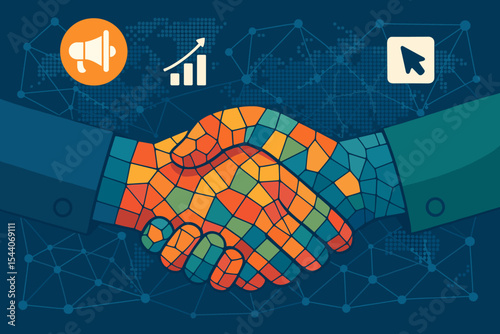 Digital marketing partnership agreement, mosaic handshake symbolizing business deal, communication, global finance, online advertising, network connection, teamwork, collaboration vector illustration