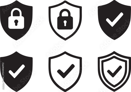 Shield Icons Depicting Security Measures Lock and Checkmark Designs for Data Protection and Confirmation Processes with Black and White Elements