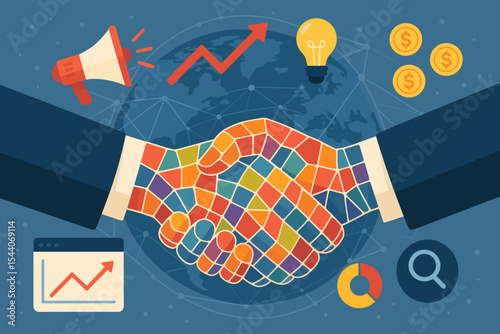 Digital marketing and global business partnership concept. Colorful mosaic handshake symbolizing a successful deal, cooperation, and diversity with finance and growth analytics icons.