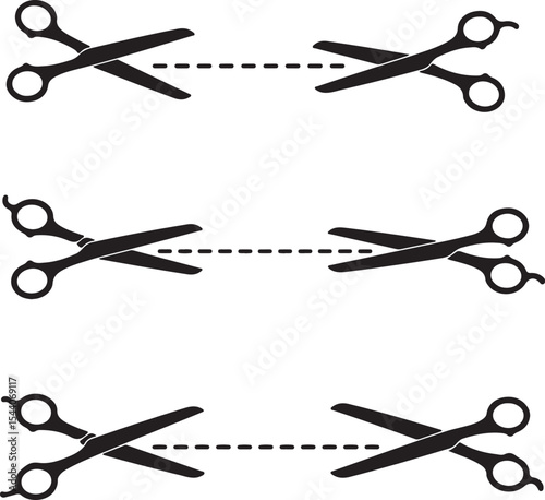 Three Rows of Scissors Cutting Dotted Lines in a Simple Black and White Graphic Design