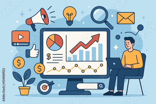 Digital marketing strategy and business analytics concept. Online advertising, SEO, social media management, web analytics, growth chart, financial success. Vector illustration with computer and data