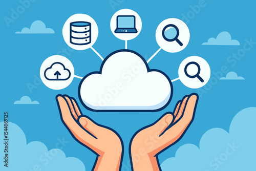 Hands Holding Cloud Computing Network Icon, Data Storage and Technology Concept, Futuristic Vector Illustration with Laptop, Database, Upload, Search Symbols on Blue Sky Background