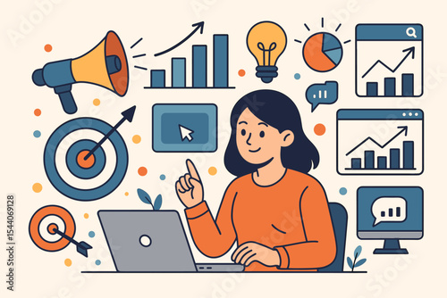 Digital marketing strategy, online business growth, data analytics, social media, SEO, content creation, target audience, market research, statistics, website optimization, vector illustration