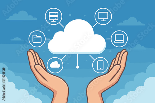 Cloud computing technology concept with human hands holding cloud network icons, data storage, server, laptop, mobile device, folder connections, blue sky, modern digital illustration vector