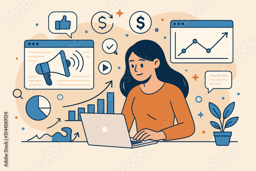 Woman Analyzing Digital Marketing Strategy with Laptop, Social Media Icons, Data Analysis Charts, Business Growth, Online Advertising, Vector Illustration for Web and Social Media Concepts