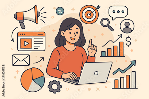Digital marketing concept for business growth. Woman at laptop analyzes data for online strategy, SEO, social media campaign, advertising, and content marketing. Vector illustration.