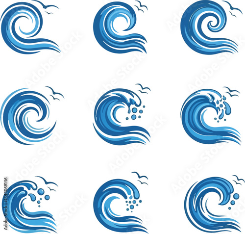 Illustrations of Ocean Waves with Seabirds Flying Above The Crests, Depicting Marine Life and Water Dynamics